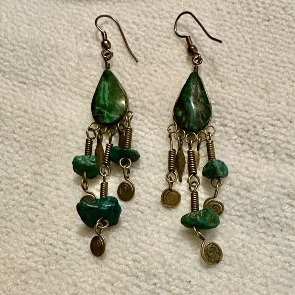 Green Turquoise Dangle Earrings With Brushed Gold Wire Accents